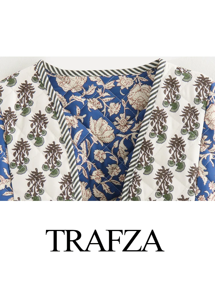 TRAFZA-Chaqueta de algodón acolchada de un solo pecho para mujer, cárdigan informal con estampado de doble cara, abrigo cálido, único y elegante