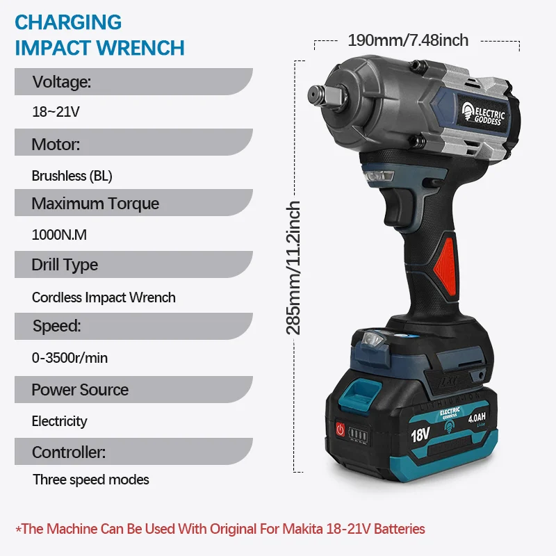 Electric Goddess DBS028 Impact Wrench Brushless Electric Wrench Mini Set Rechargeable Battery Suitable for Makita18-21V Battery