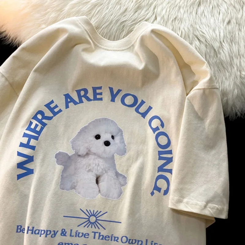 

Футболка женская с коротким рукавом и принтом собаки, свободная Удобная рубашка из чистого хлопка в американском ретро стиле, модный тренд в стиле Харадзюку