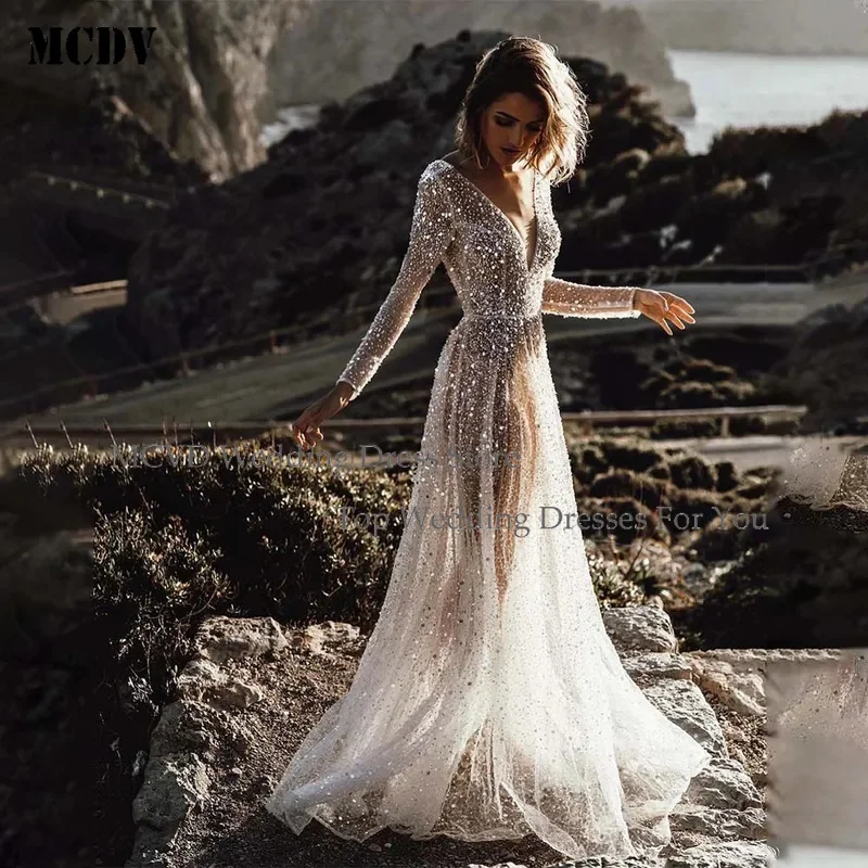 

MCDV 2024 Long Sleeves Beaded Sequined Wedding Dresses V neck Formal Evening Gown for Party Prom