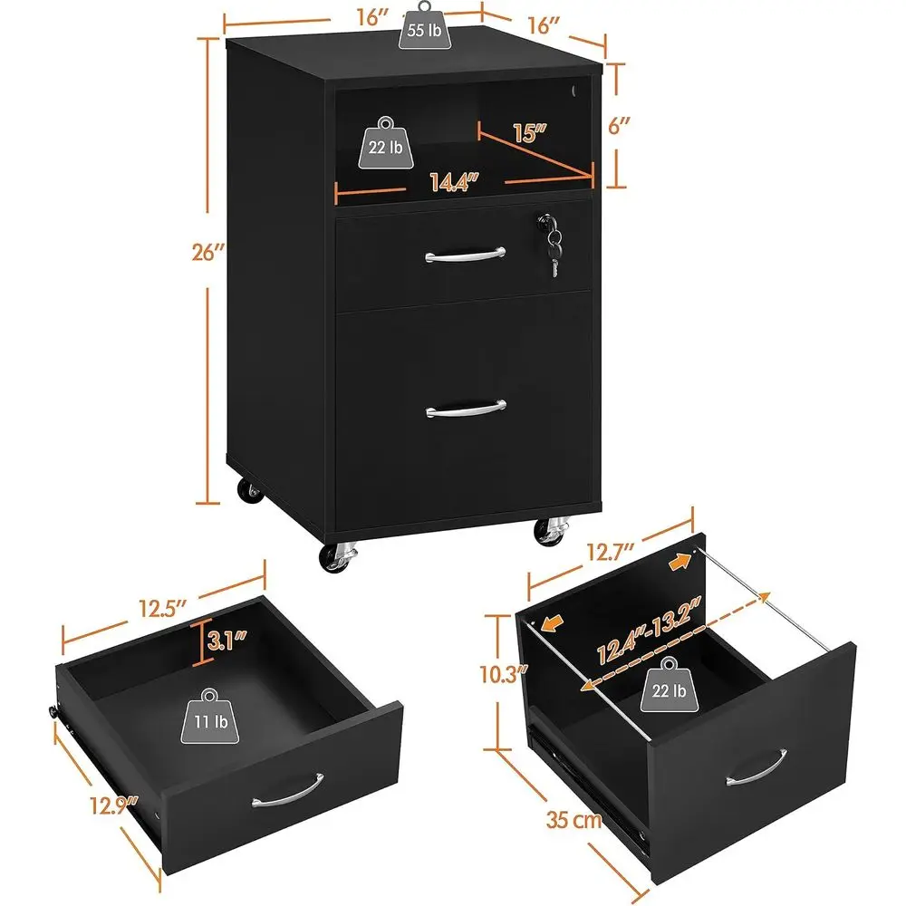 2-Der ile Cabinet with Lock, Under Desk Storage, Black | Lockable der holds hanging iles; a small der and open shel it under a d - view 3