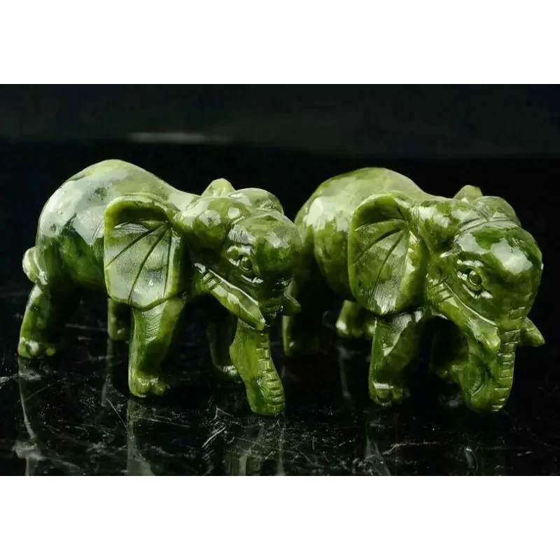 A Pair 100% China Natural Jade Hand-Carved Statues of Elephant Very Good