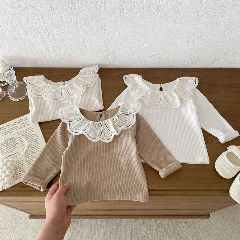 2024 Autumn New Baby Blouse Bottoming Shirt 0-3Y Sweet Lace Lotus Leaf Collar Girl\'s Shirt Toddler Long Sleeve Base T-shirt