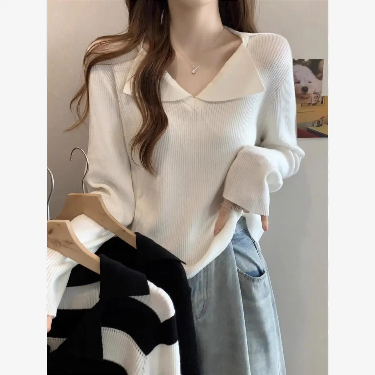 

Ele Ne Striped Knitted Top High End Women's Faion Luxury Sle plus Size Autumn Wear Ci Walk Cotton Polyester