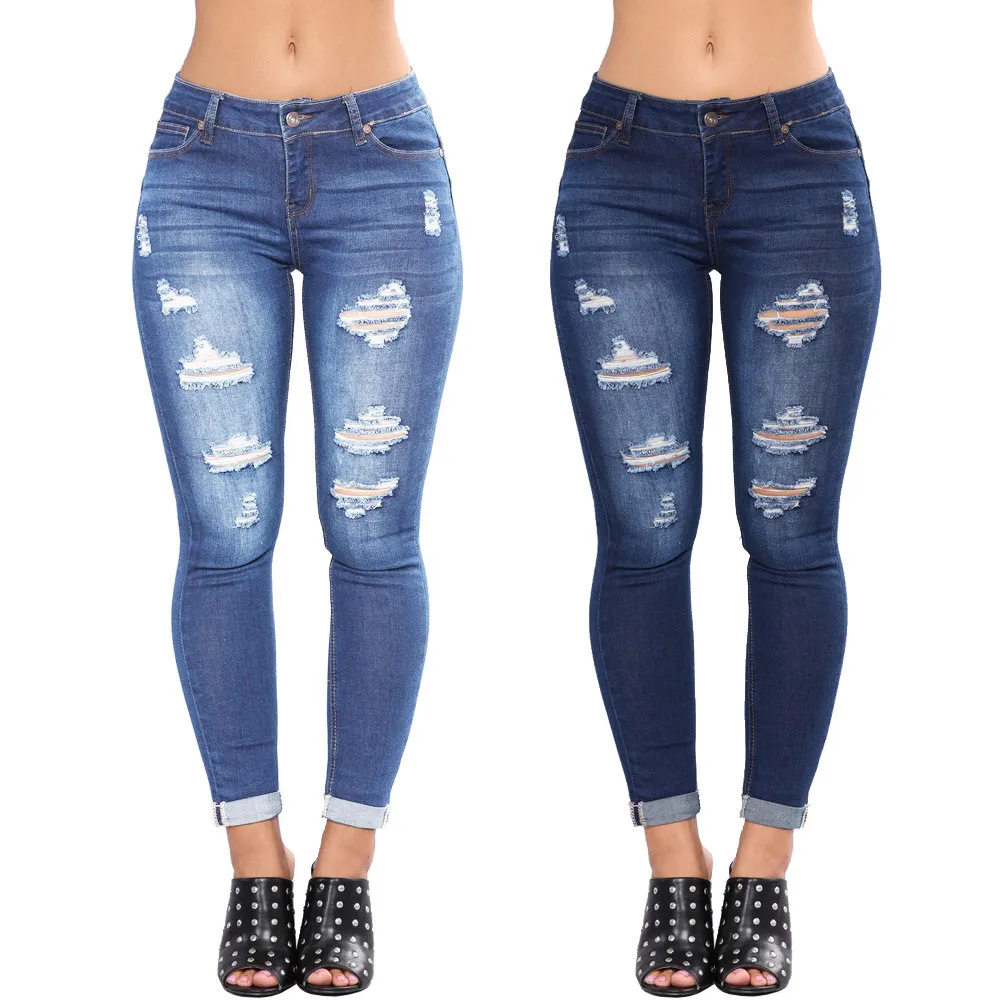 Women High Stretch Cropped Ripped Skinny Hip Lifting Fashion Denim Jeans Slim Fit Casual Long Pants