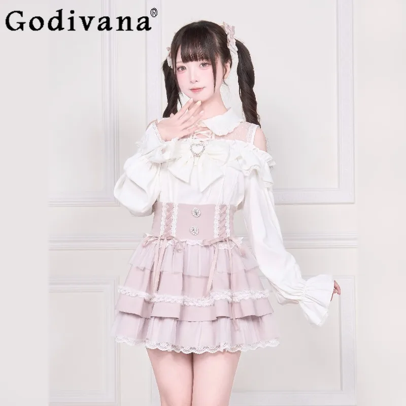 

Mass Produced Japanese Style Outfits Women Original Subculture Top High Waist Short Skirt Set Female Lolita Sweet Skirt Suits