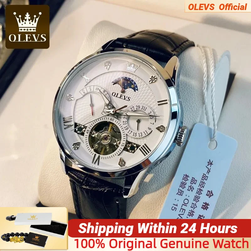 

OLEVS Men Automatic Mechanical Leather strap Skeleton Luxury Date Waterproof Luminous Watch for Men Relogio Masculino 6652