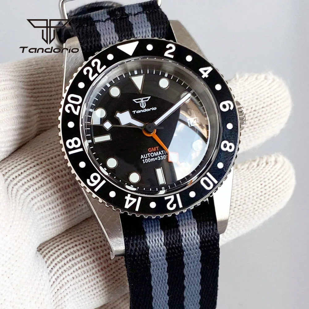 Tandorio GMT 38mm Automatic NH34 Men\'s Watch Sapphire 20BAR Diver Date Mechanical Watches 24H Bezel Stainless Steel Wristwatch