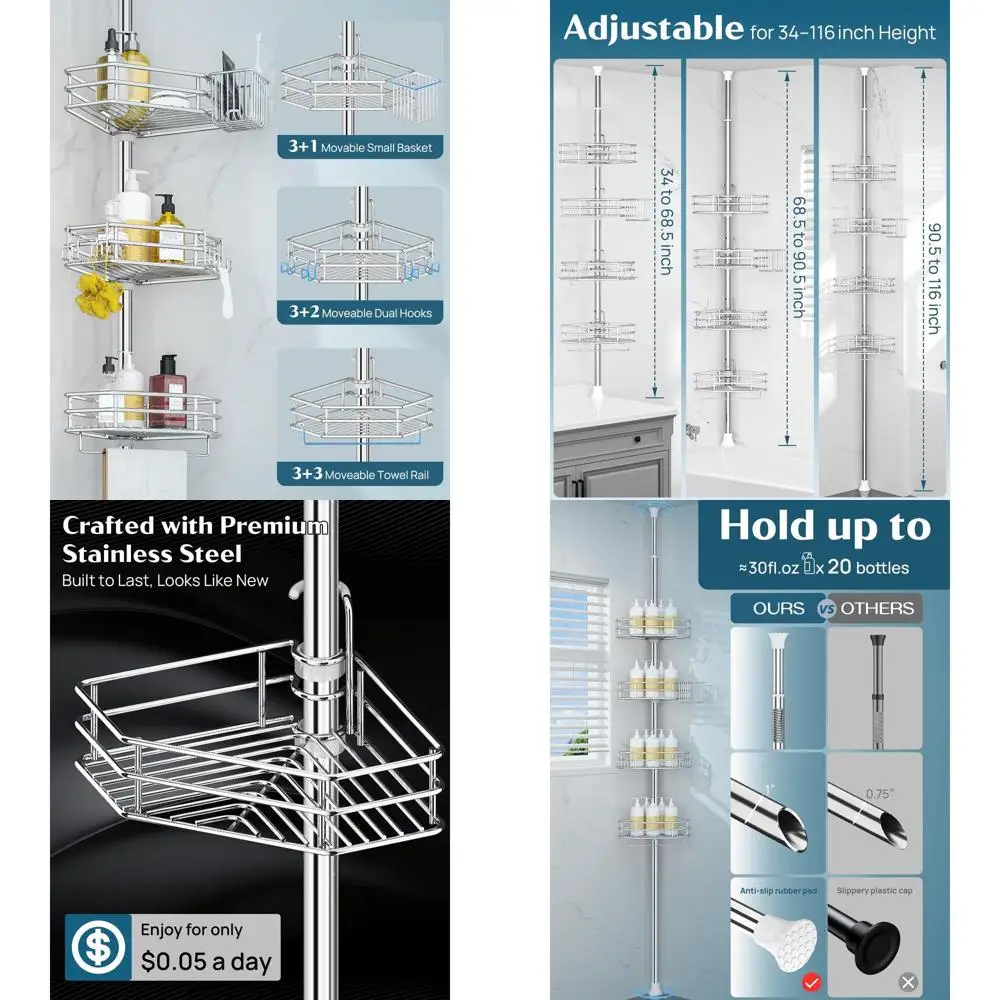 

Adjustable 4-Tier Tension Pole Shower Caddy for Bathtub, Rust-Free, Quick Setup, Fits 34-116 Inch Height, Silver