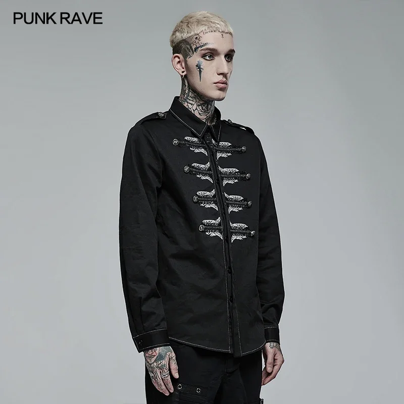 PUNK RAVE Men\'s Punk Personalized Skull Skeleton Embroidery Shirt Non-elastic Slim Personality Casual Black Tops Men Clothing