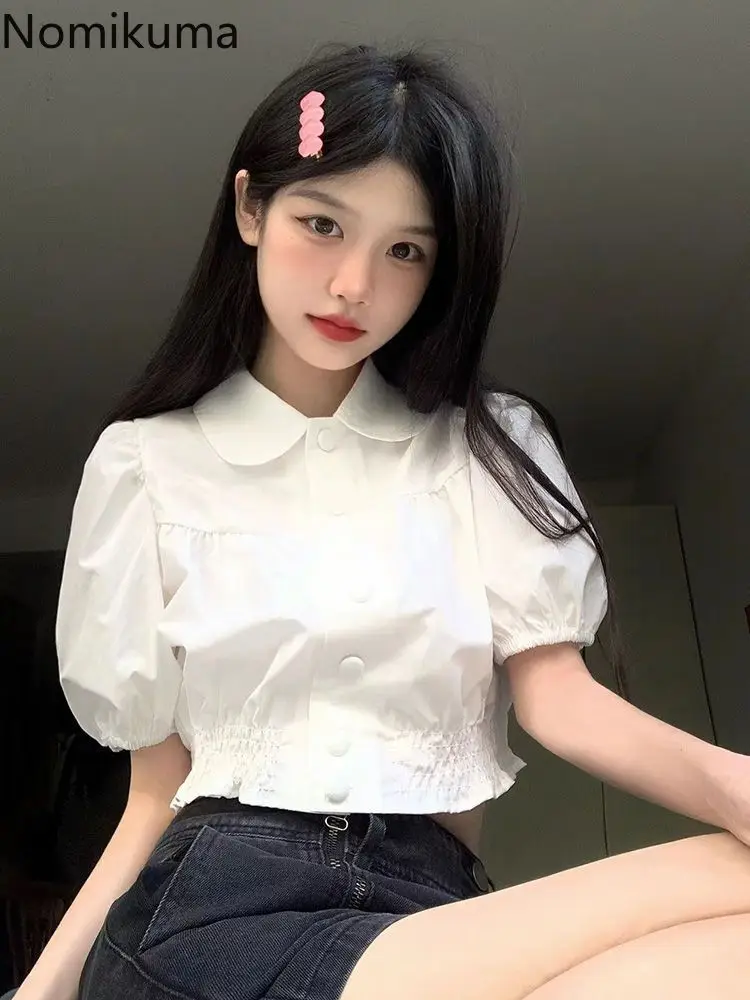 White Crop Tops Korean Blouses for Women Puff Sleeve Single Breasted Tunic Shirts 2024 Blusas Mujer De Moda Summer Sweet Blouse