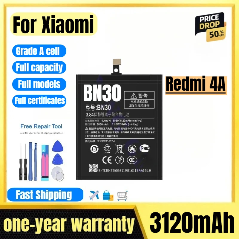 

BN30 for Xiaomi Redmi 4A Mobile Phone Battery High Quality High Capacity Battery Replacement Bateria Grade A Cell with Tools