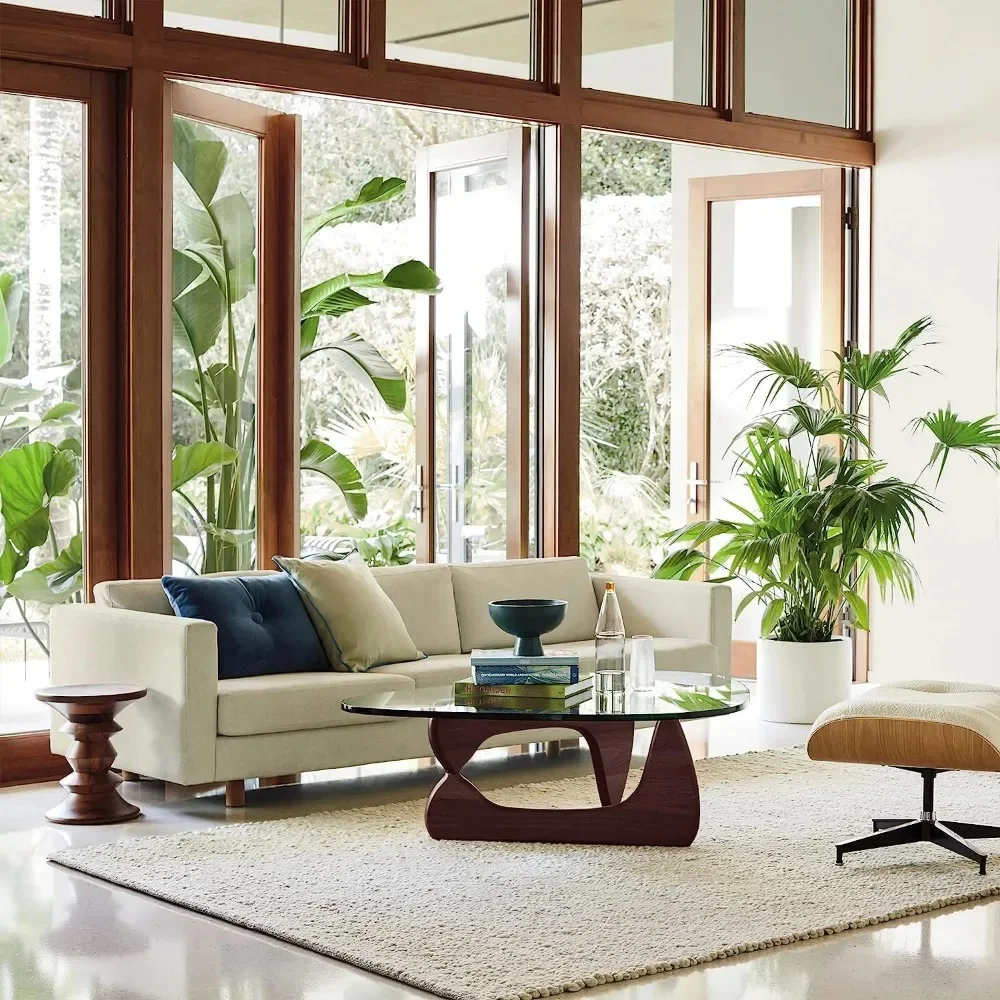 Mesa de centro triangular moderna mesa final vintage Noguchi, base de madeira maciça e detalhes superiores de vidro transparente