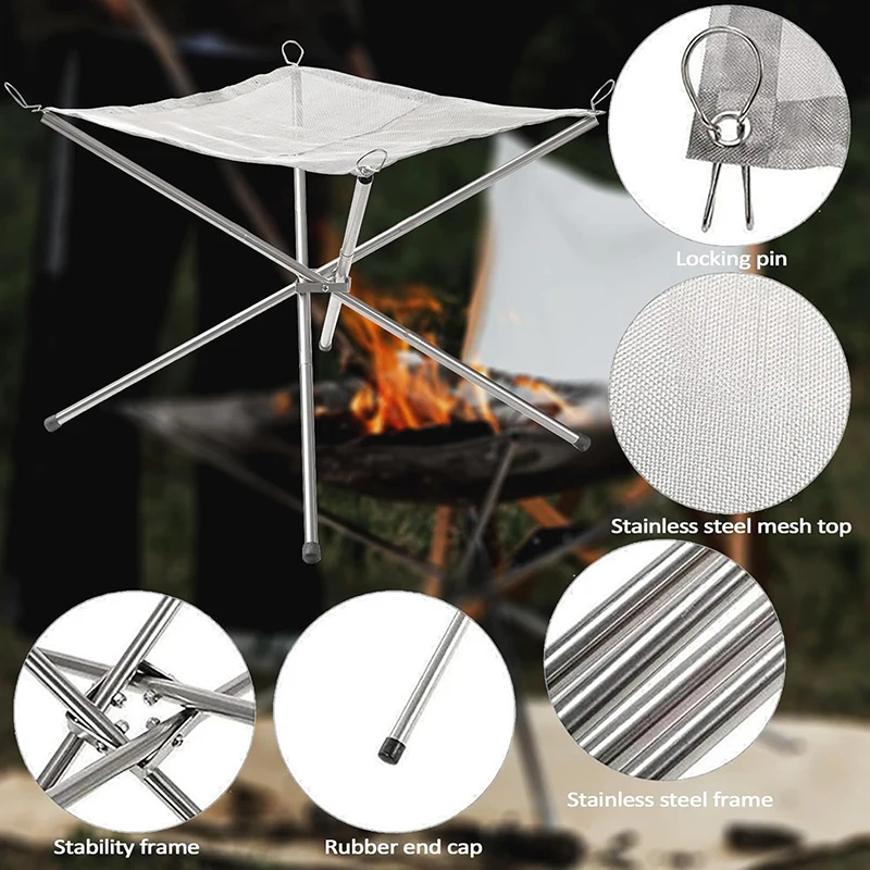 Stainless Steel Outdoor Camping Campfire Fire Rack Large Upgrade Collapsing Stainless Steel Mesh Outdoor Fire Pits Wood Stove