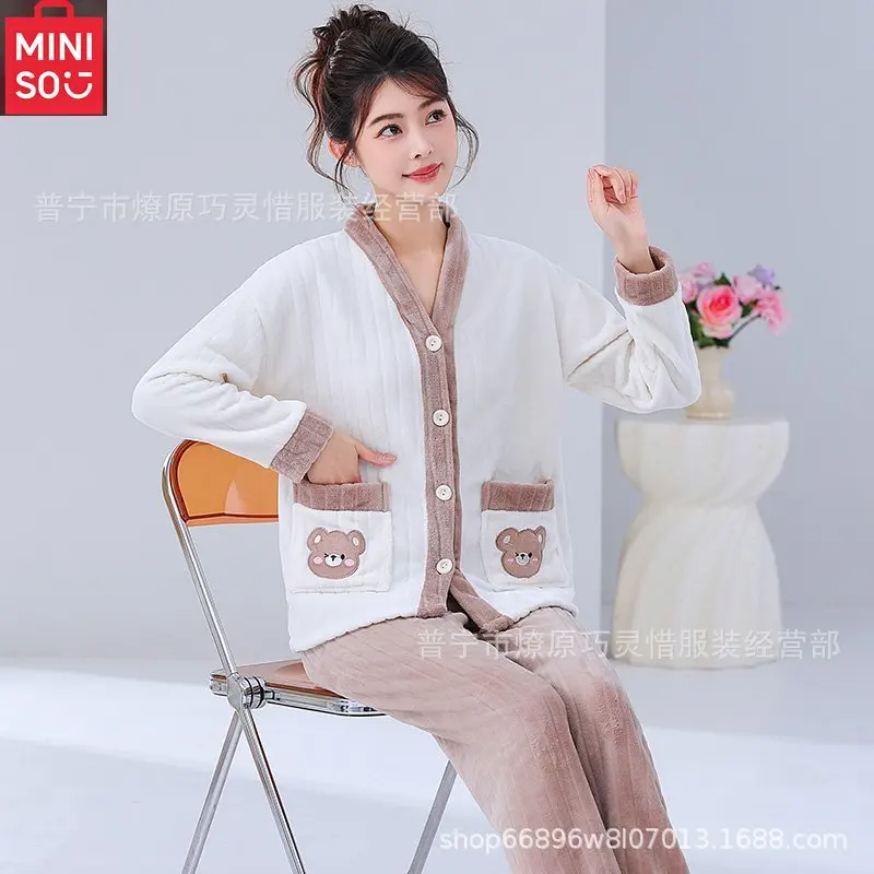 بيجامة MINISO النسائية، الخريف والشتاء، نمط جديد سميك لطيف، مجموعة ملابس منزلية كرتونية للفتيات في الشتاء