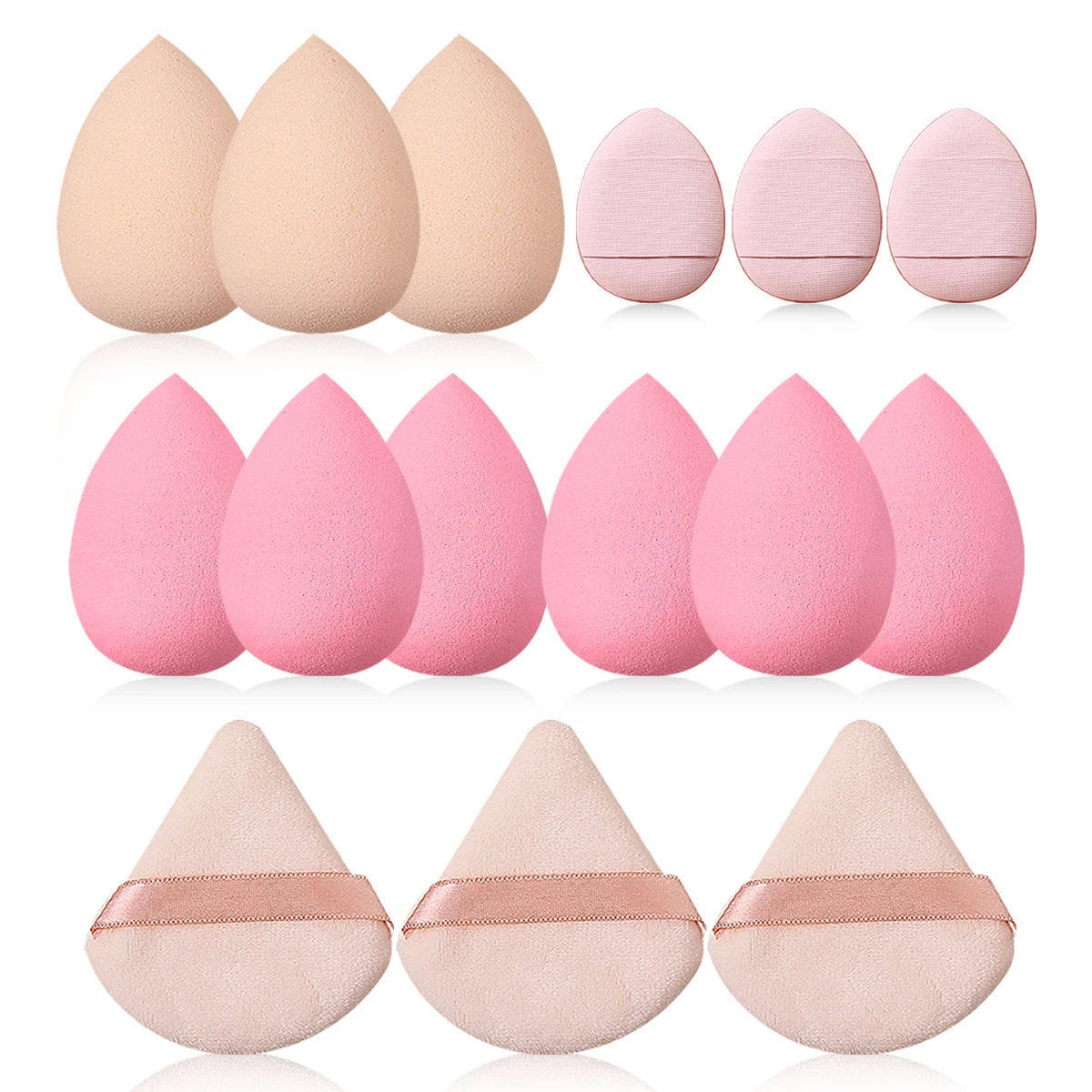 Ensemble de bouffées de poudre d'éponge de maquillage pour le visage, 15 pièces: œuf de beauté de poudre antiadhésif/bouffée de poudre triangulaire/Mini bouffée de poudre