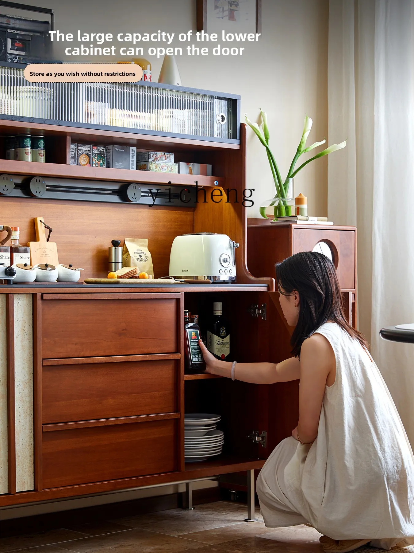 LX solid wood dining side cabinet, antique style against the wall, multi-functional coffee bar