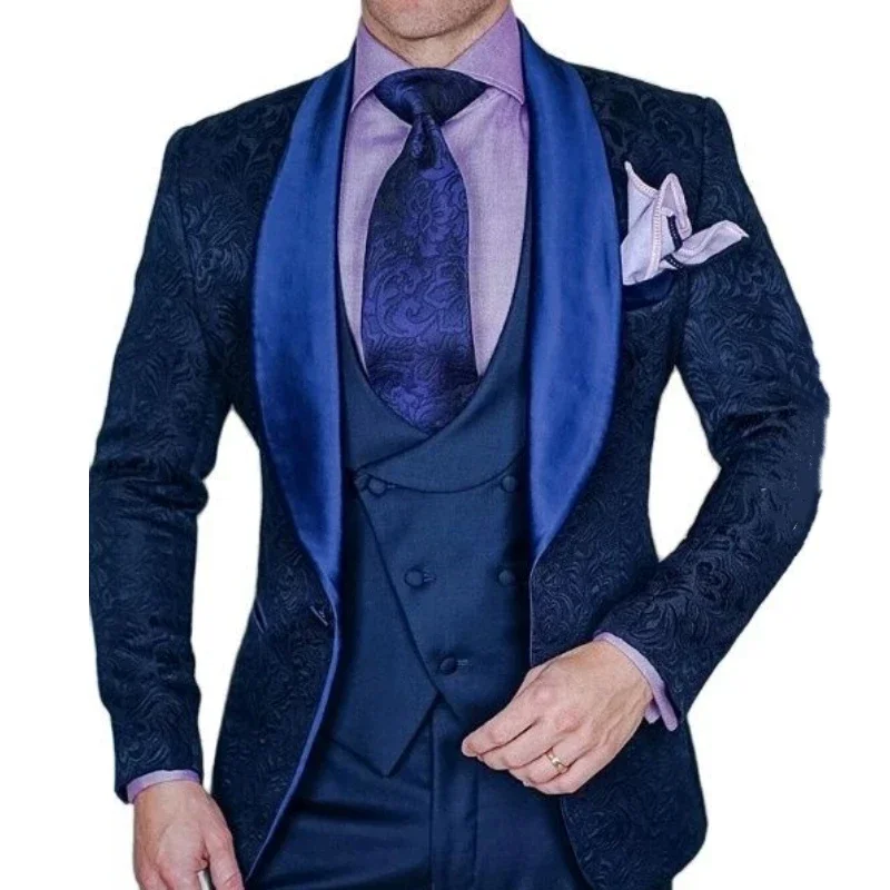 Jacquard Mannen Pakken Custom Formele Bruiloft Groommen Smoking Slim Fit Mannelijk Blazer Jasje Vest Broek 3 Delige Set Trajes Para Hombres