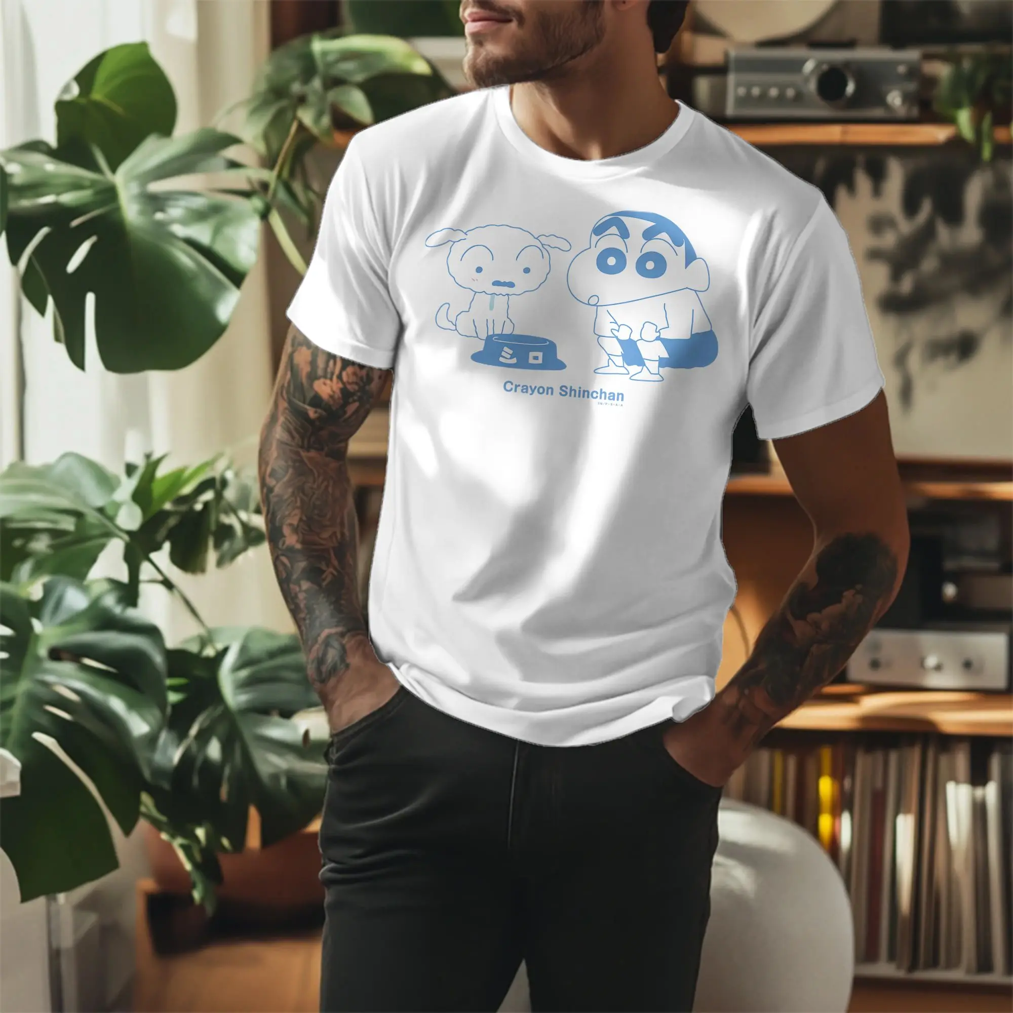Crayon Shin chan Shin chan with Shiro T Shirt Men Women Cotton Awesome T-Shirts Crewneck  Tees Short Sleeve Clothing Gift