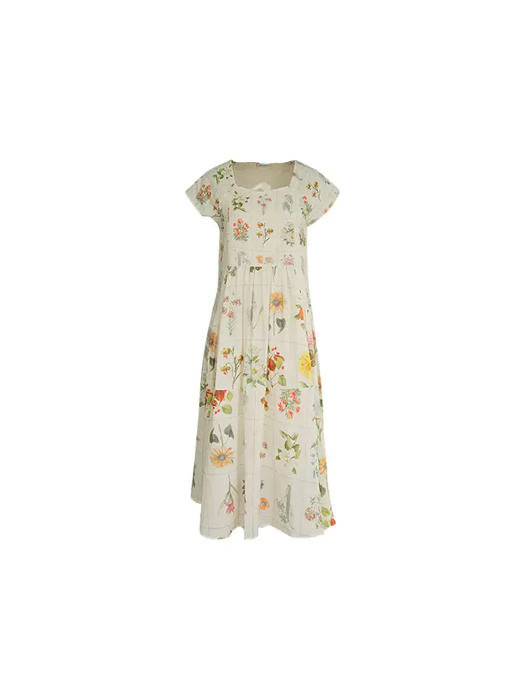 89-97cm Chest / Summer Women Elegant Floral Print Cotton Linen Dresses