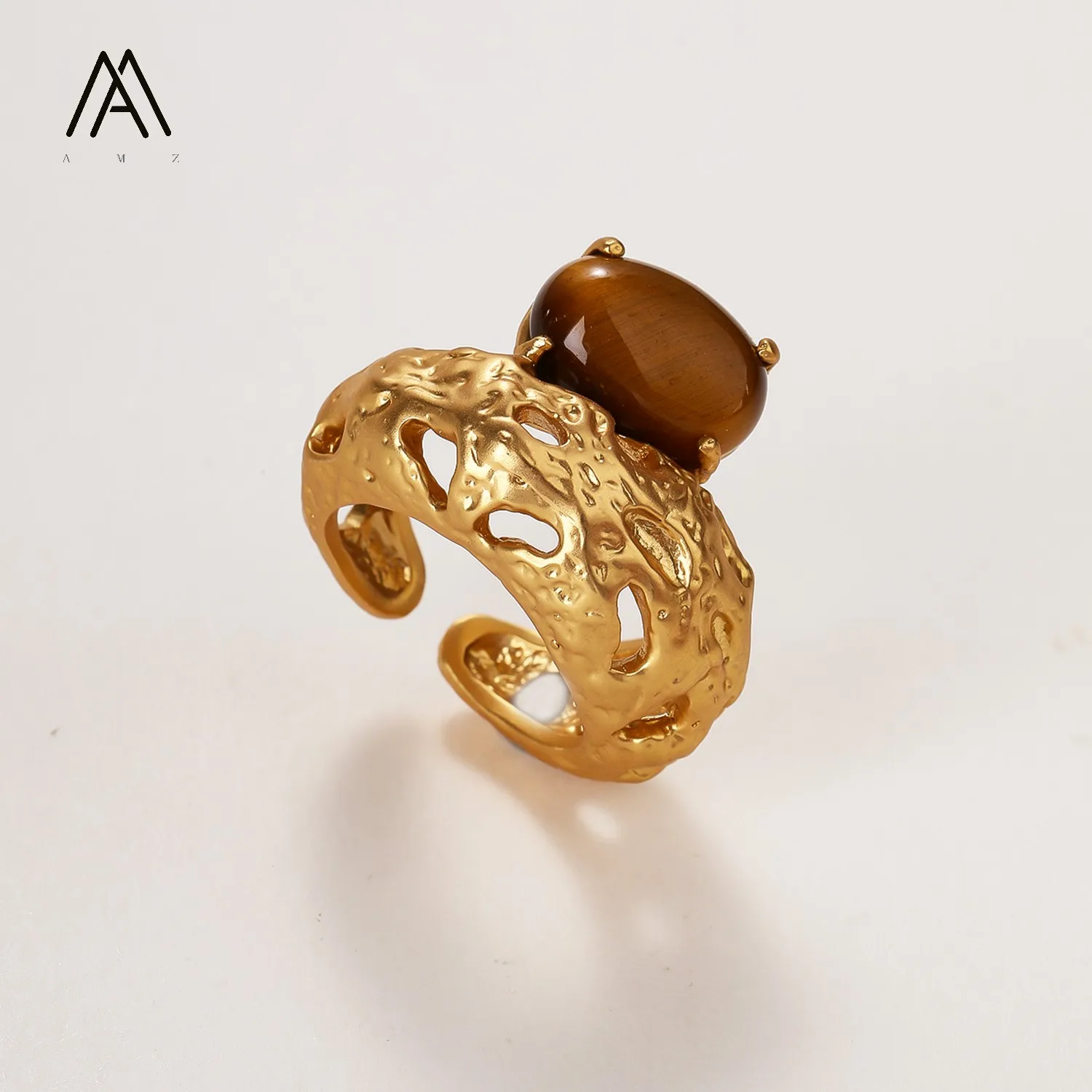 Vintage Natural Tiger's Eye Rings Adjustable Ring For Women European American Personality Exaggerated Party Jewelry Accessory