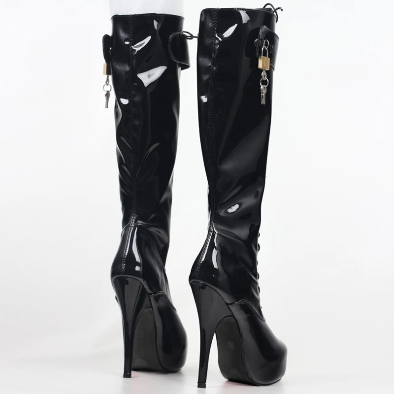 Women Fetish Platform Boots,15cm Lockable Knee-High Booties,Patent Leather Sexy Party Dance Shoes Botas,Black,Custom,Dropship