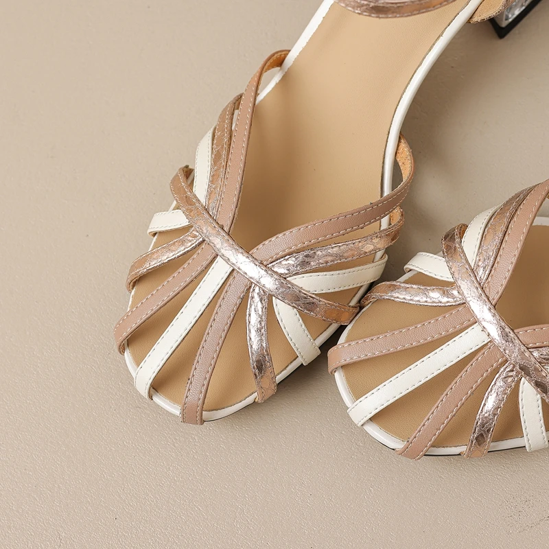 Women\'s New Spring/Summer Bag Heel Round Toe Genuine Cowhide Color Block Diamond High Heel Roman Sandals