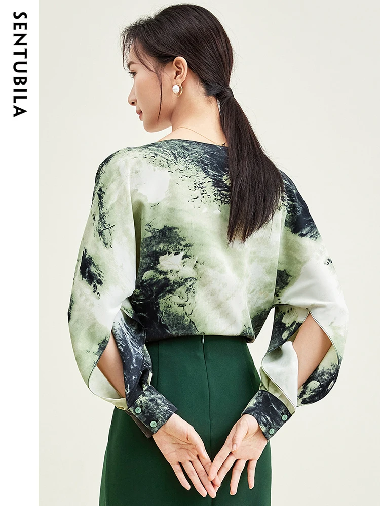 SENTUBILA Lantern Long Sleeve Chiffon Blouses Women Autumn Fashion Loose Chinese Brush Painting Pullover Female Shirt 133V50954