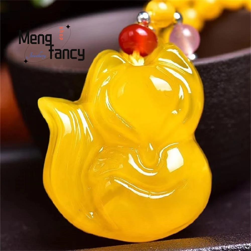 

Amber And Beeswax Fox Pendant For Women, Chicken Fat Yellow Beeswax Small Fox Necklace, Sweater Chain, Pendant Fashion Jewelry