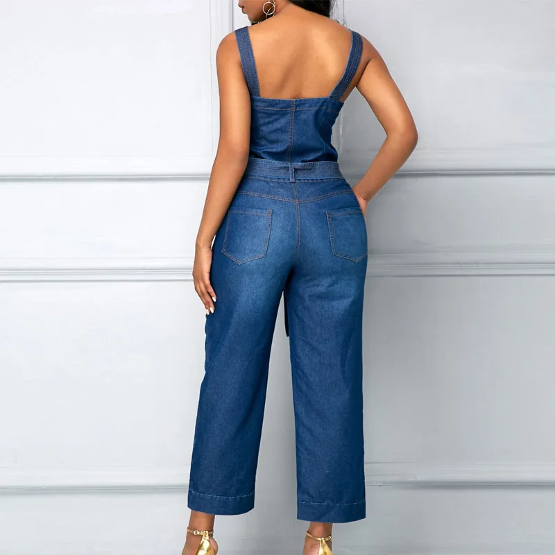 Macacão jeans elegante sem costas feminino com bolsos, bodysuit ajustado, jeans geral, alça longa, ombro fora, moda cinto, senhora do escritório