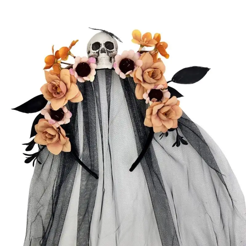 y5jd witch cosplay headpiece with skull punk flower hairband barty alloween party assent