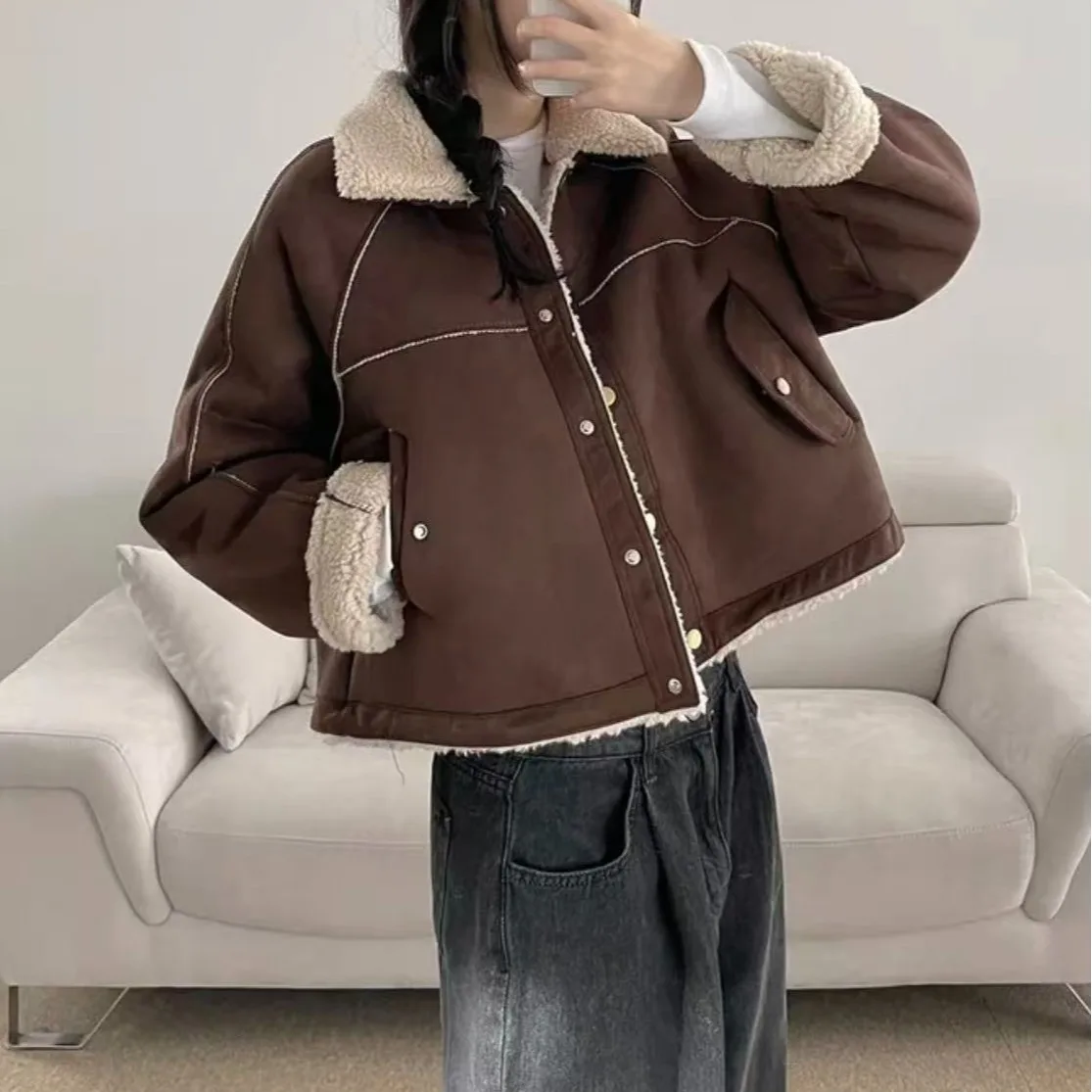 

ort Lamb Fur Lined Long Sve Loose Fit Warm Suede Women's Outerwear Korean Sle Autumn Winter Inteated Leather And Fur