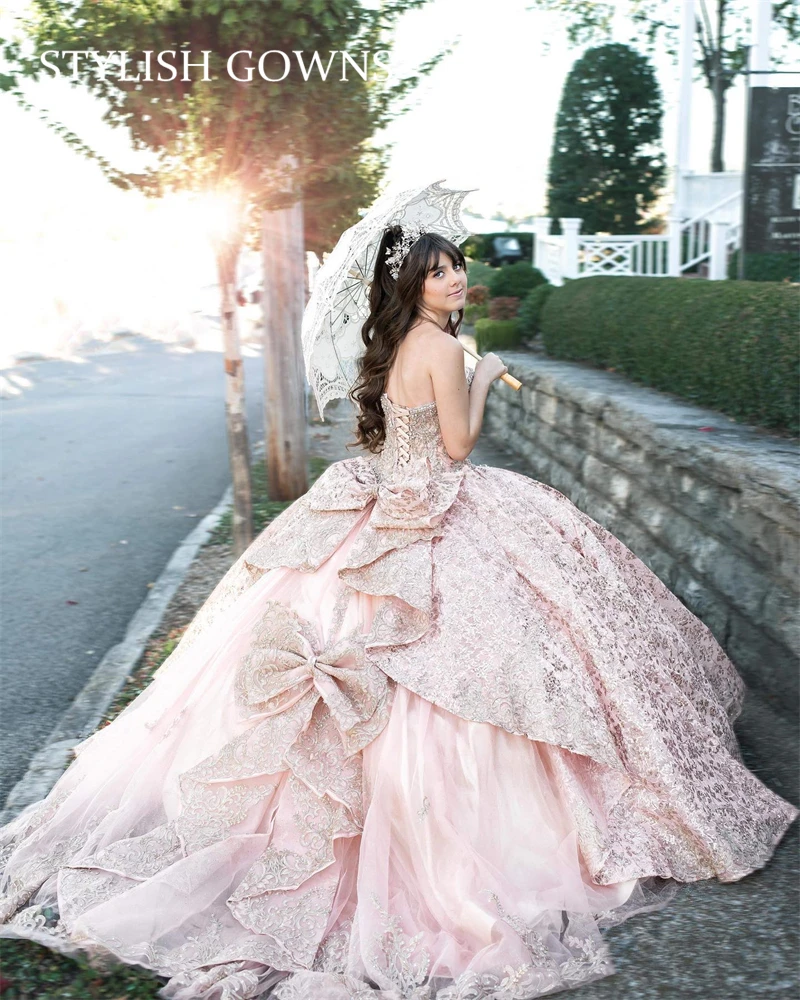 Sparkly Rose Gold Sweetheart Ball Gown Quinceanera Dress With Sleeves Beaded Birthday Prom Dresses For Girl Bow Lace Up Back