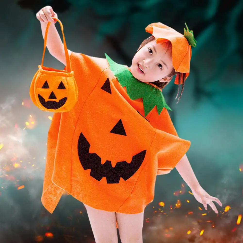 Halloween Pumpkin Costume Kids Halloween Party Cosplay Clothes Cape Hat Candy Bag Children Role Play Photo Prop Clothes