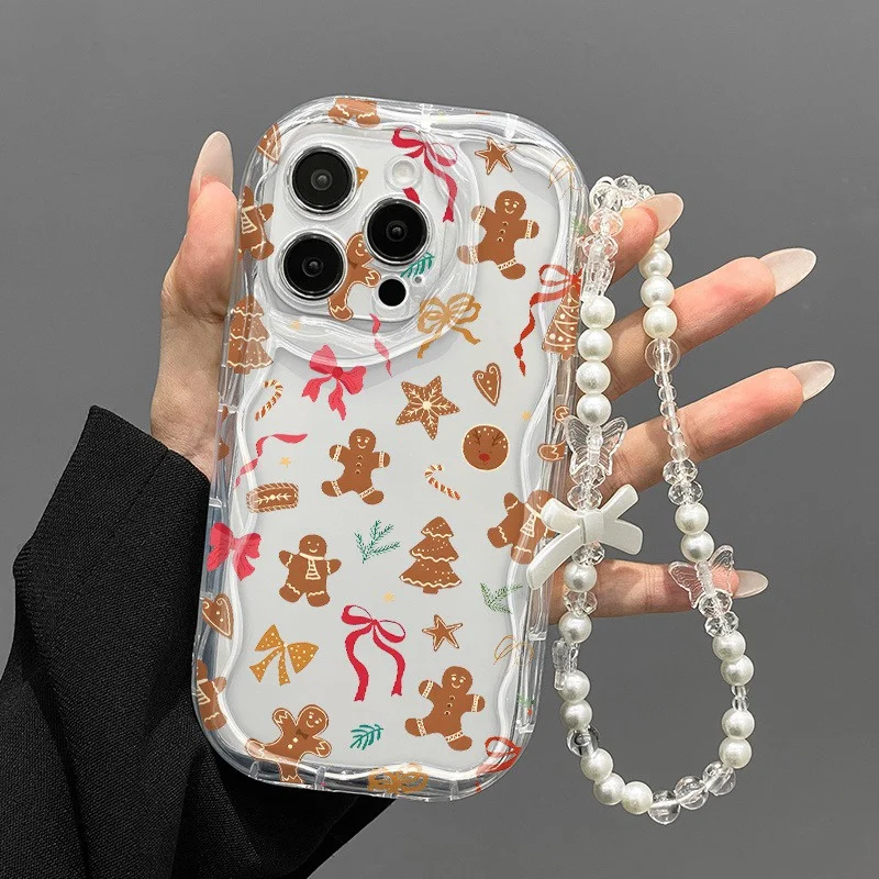 Funda protectora para teléfono con correa de muñeca para iPhone 18, 17, 16 Pro Max, 14, 12, 13 Pro Max, 17, con cordón, borde ondulado color crema y diseño de hombre de jengibre.