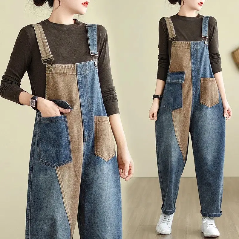 Literary Oversized Jeans Jumpsuit Women 2024 Spring Autumn Loose Contrasting Denim Straps Pants Overall Playsuit Trousers Z4469