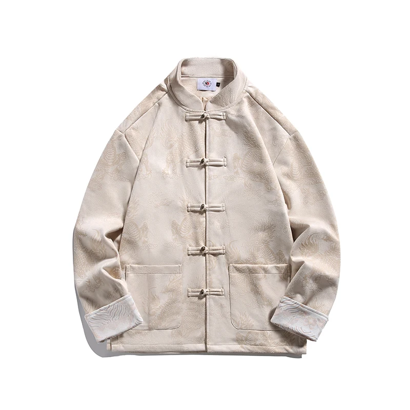

New Autumn Winter Chinese Sle Dragon Print Loose Men's Jaet Coat Single Button Cuff Stand Fit Polyester Fiber Long Sve