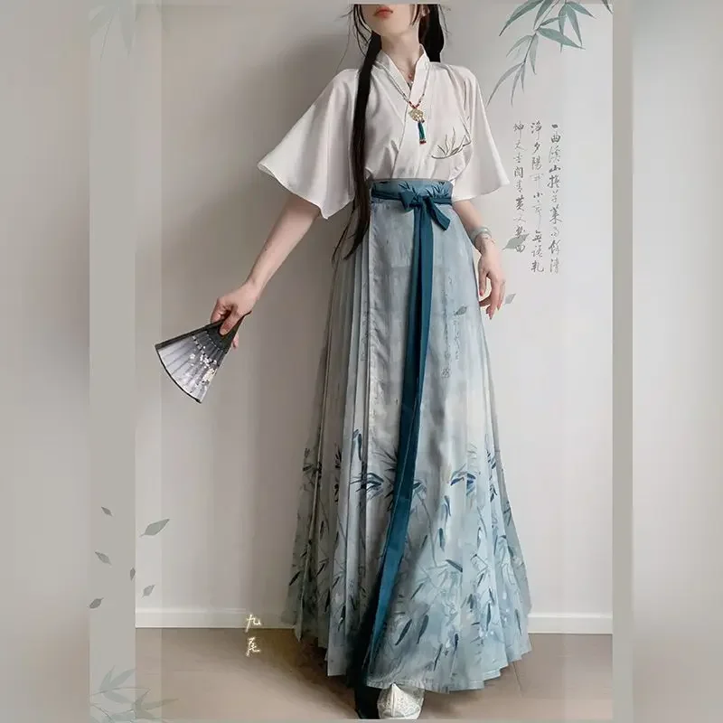 

2025 Hanfu Women Ming Embroidery New Chinese Style Short Sleeve Blouses Clothing Summer Horse Face Skirt Set Women dsfds21