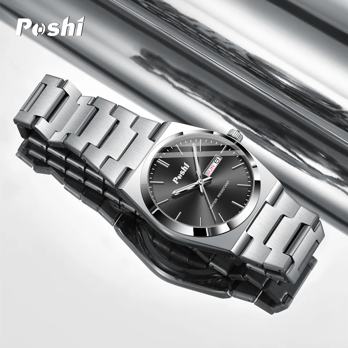 POSHI 979 Luxury Quartz Watch for Man Fashion Business Stainless Steel Wristwatch Men\'s Clock Date Week Dilsplay Watch Box