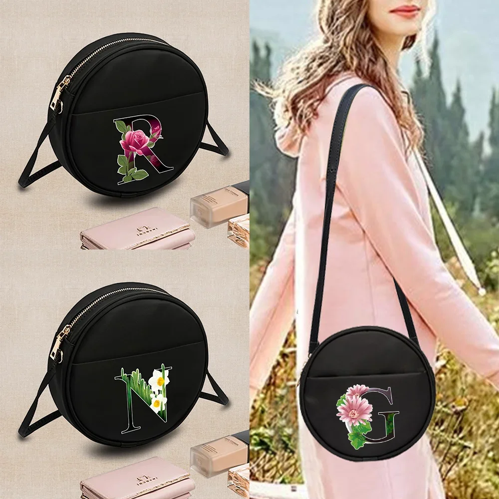 Women Round Crossbody Bag Pattern Flower Color Letter Printed Ladies Small Messenger Shoulder Bag Small Coin Purse Handbags