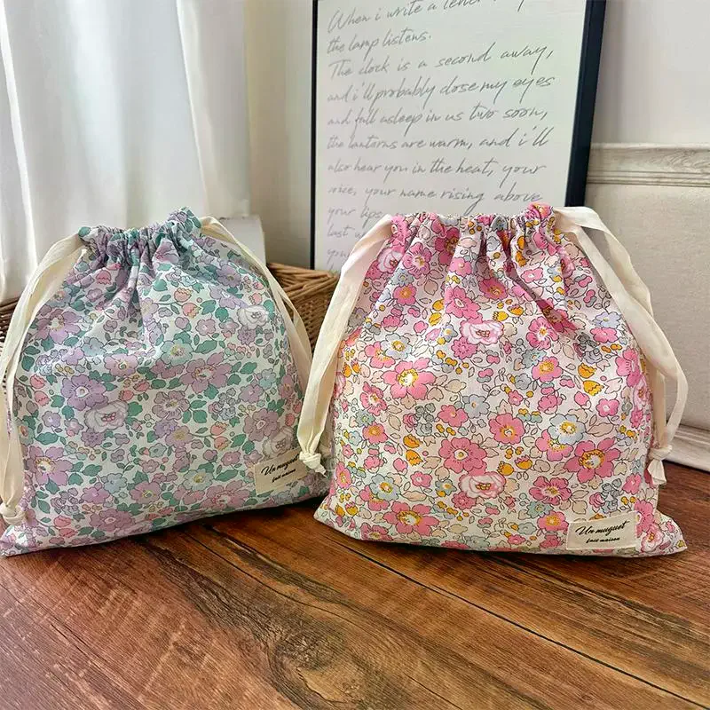 Forest Style Handmade Floral Cotton Drawstring Bag Vintage Storage Pouch For Underwear Travel Organizer Pouch