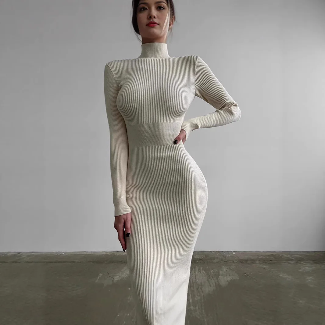 Vestido de tricô feminino 2025 outono inverno novo vestido de camisola de comprimento médio feminino preto gola alta vestido de malha fino para camadas