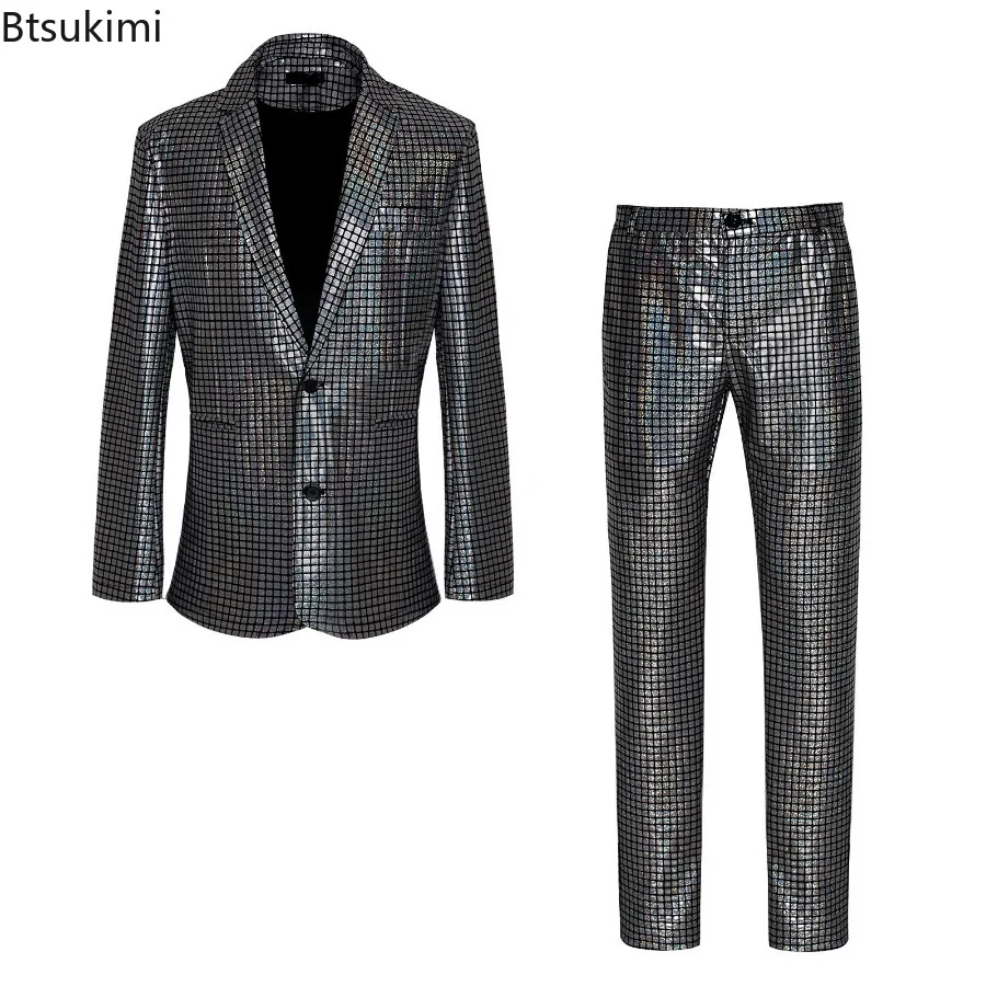 2024Men\'s Stage Prom Suits Sets Gold Silver Rainbow Plaid Sequin Pants Sets Men Festival Christmas Dance Party Costume Homme 4XL