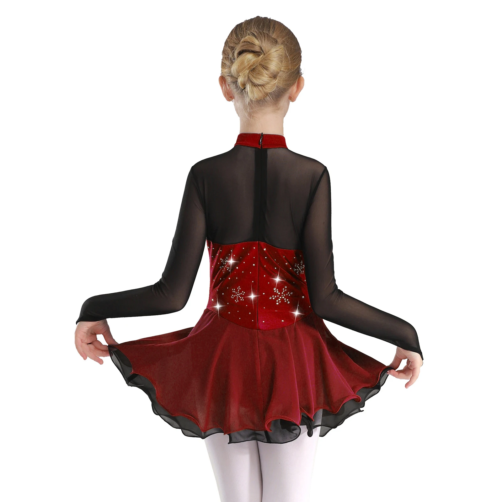 Child Girls Lyrical Dance Dress Snowflake Mesh Long Sleeve Leotard Ballet Figure Skating Gymnastics Stage Performance Costume