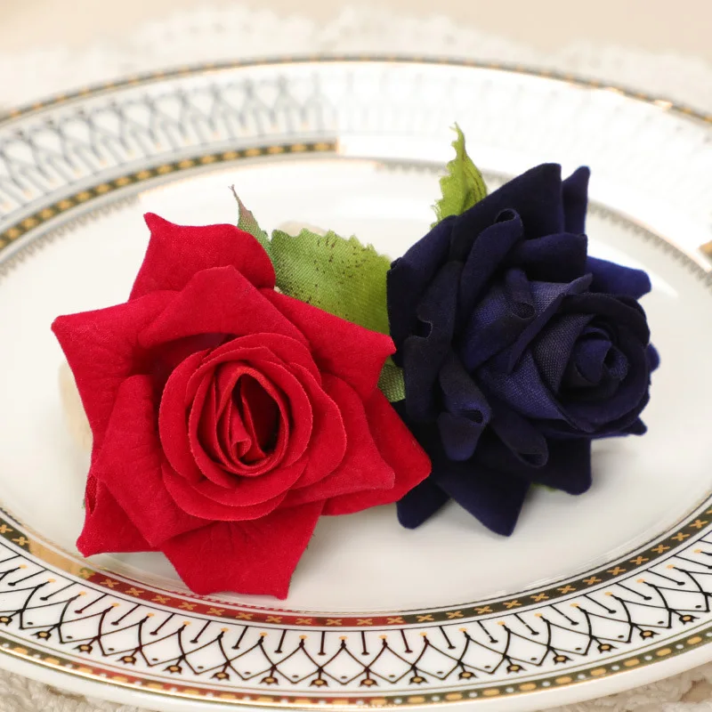 

6pcs Artificial Rose Flower Napkin Ring Hemp Rope Napkin Rings For Valentine's Day Wedding Party Home Decorations