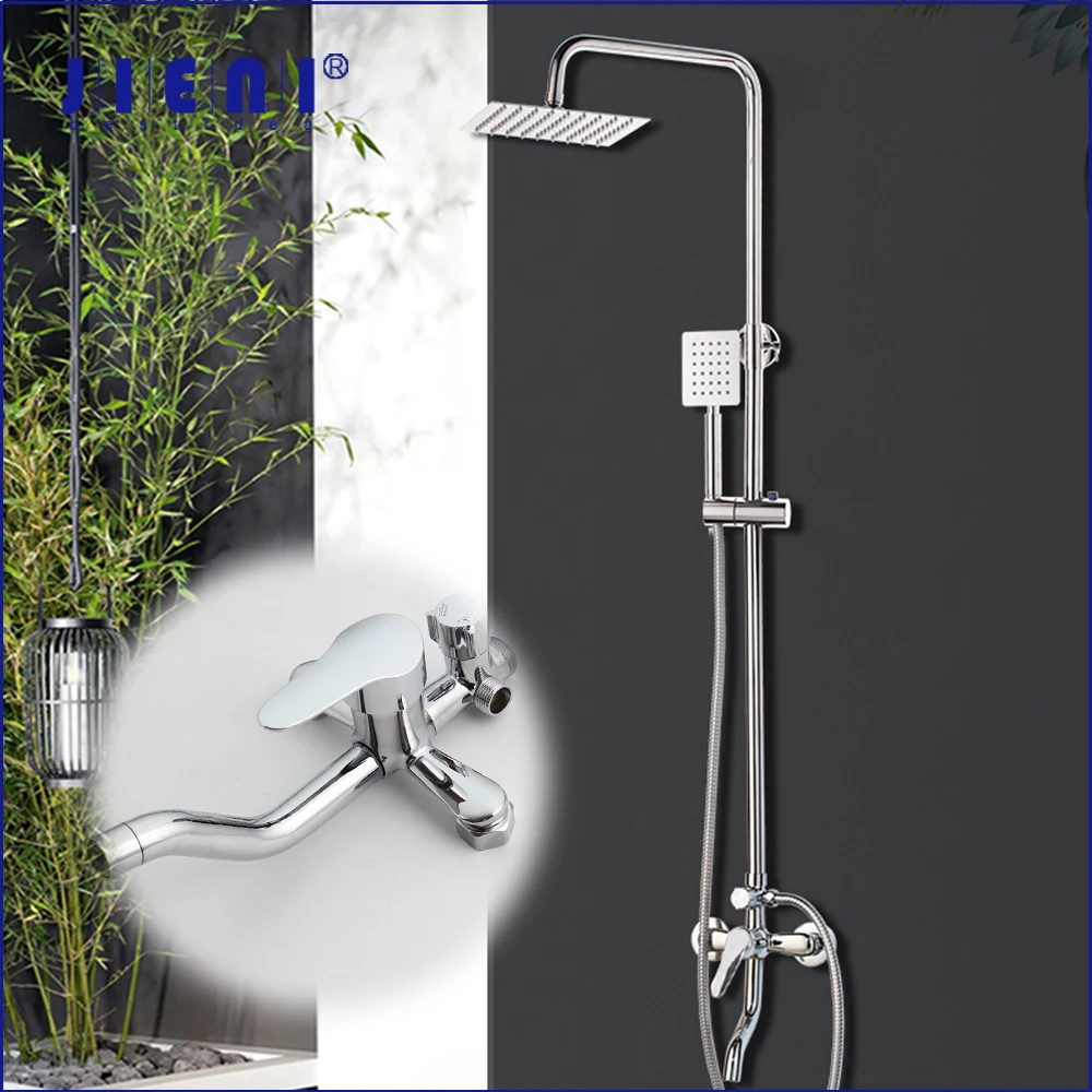 

JIENI 8 Inch Chrome Polish Bathroom Rainfall Wall Mounted Shower Set Adjust Height With Handheld Hot Cold Water Mixer Tap Faucet