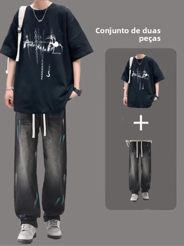 Conjunto de Roupas Casuais Estilo Americano para Homens, Verão, Novo, Camiseta Preta de Manga Curta, Calças Largas, Fibra de ...