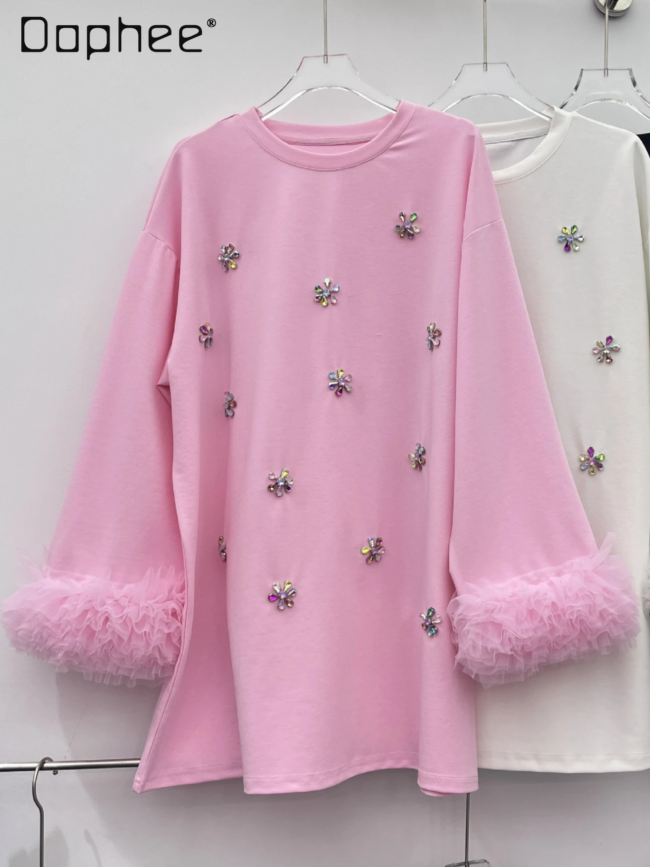Korean Trendy Fashion Plush Patchwork Long Sleeve Oversized Sweatshirt Heavy Beaded Flower Round Neck Casual Sweatshirt Women