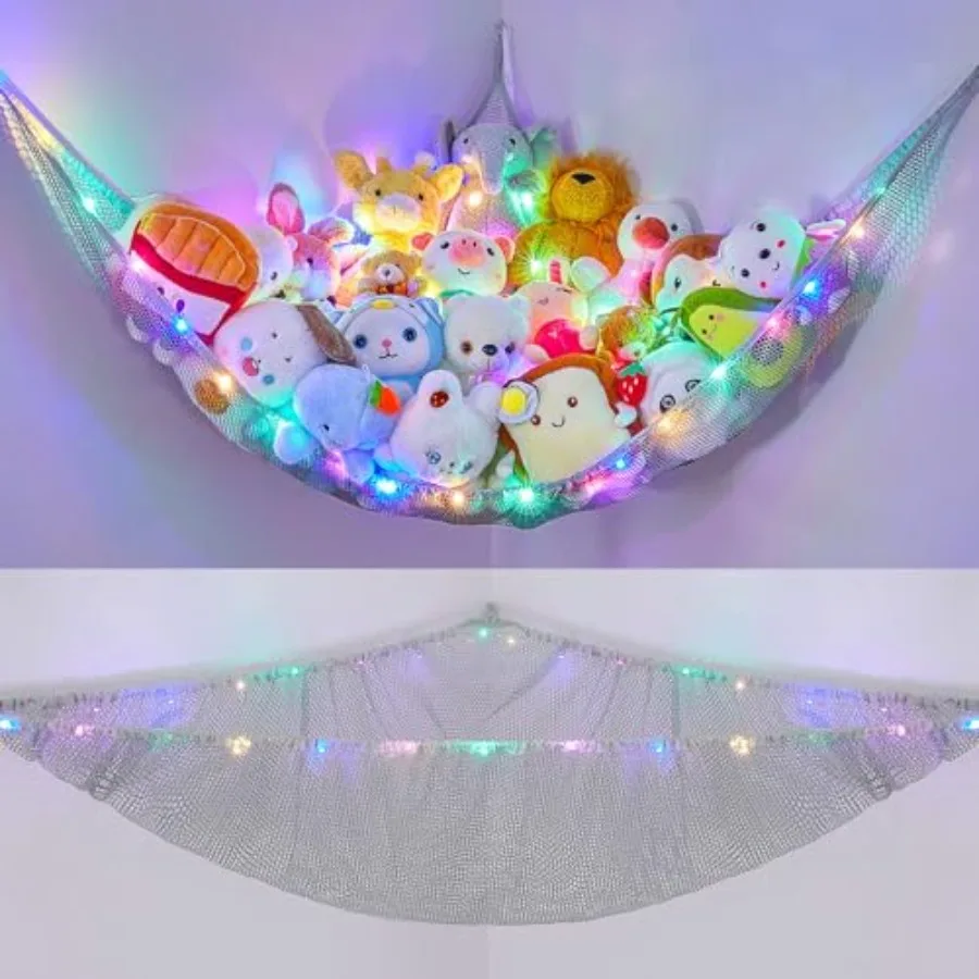 

Stuffed Animals Net or Hammock Toy Storage Organizer with LED Light Hanging Corner Stuffed Animals Holder Girls Room Decor, Gre