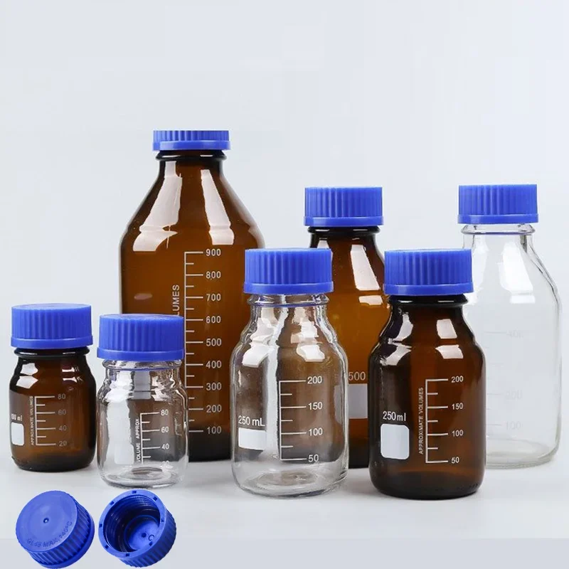 5pcs 25-1000ml Media Storage Glass Bottles Borosilicate Scientific Round Graduated Media Bottle with Blue Gl45 Screw Cap for Lab